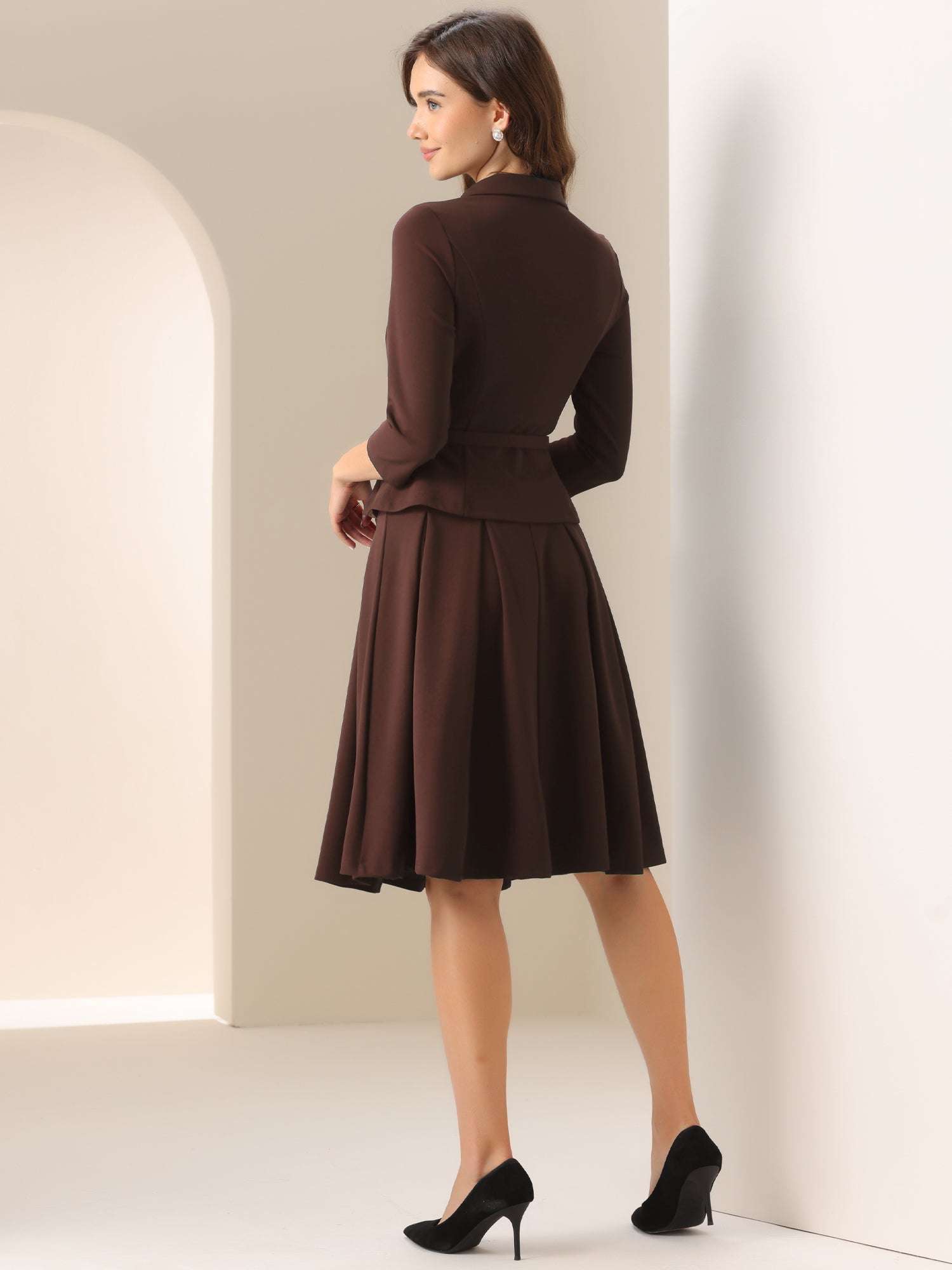 2 Piece 3/4 Sleeve Cropped Belted Blazer and Pleated Skirt Business Suit Sets