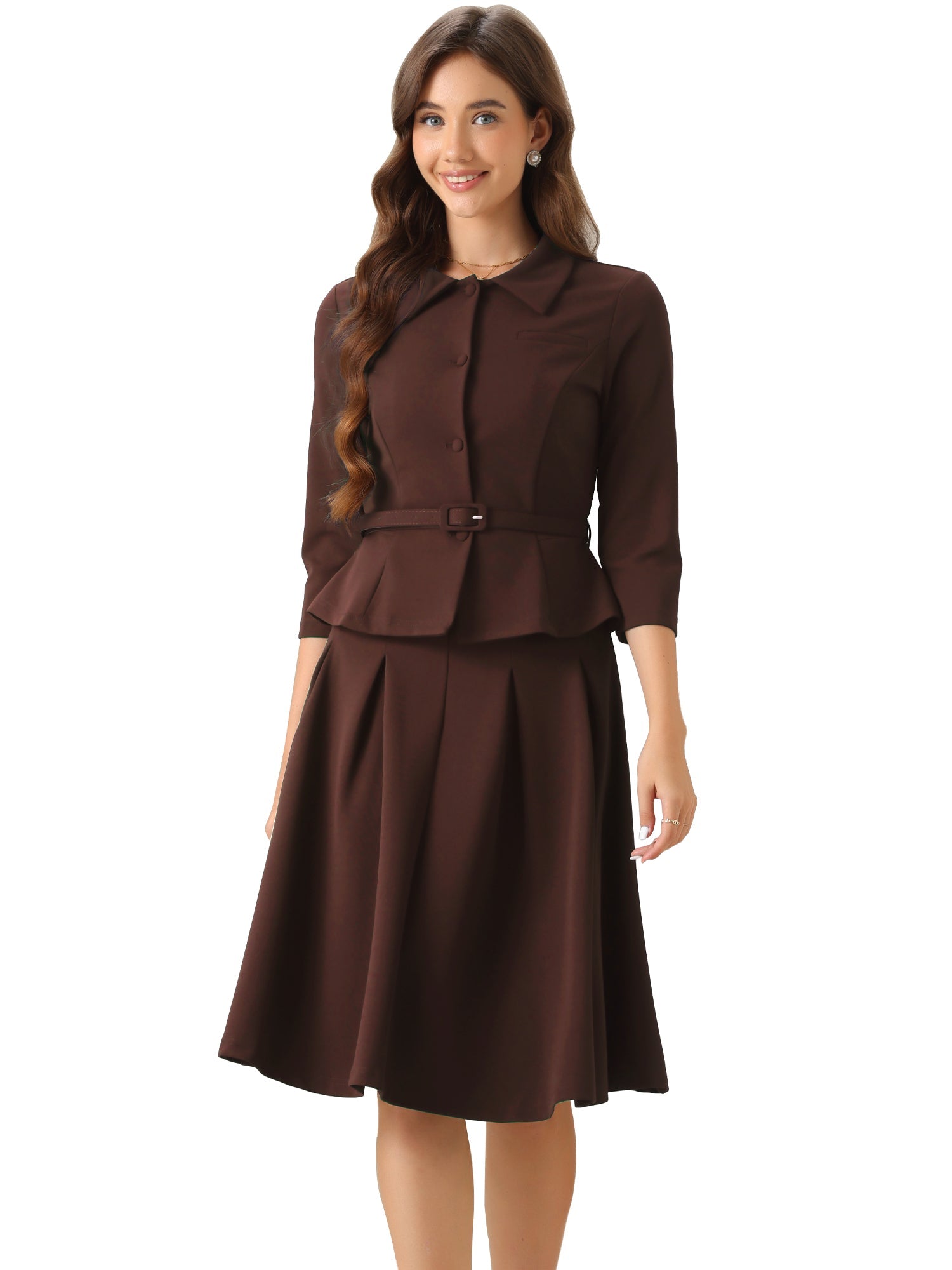 2 Piece 3/4 Sleeve Cropped Belted Blazer and Pleated Skirt Business Suit Sets