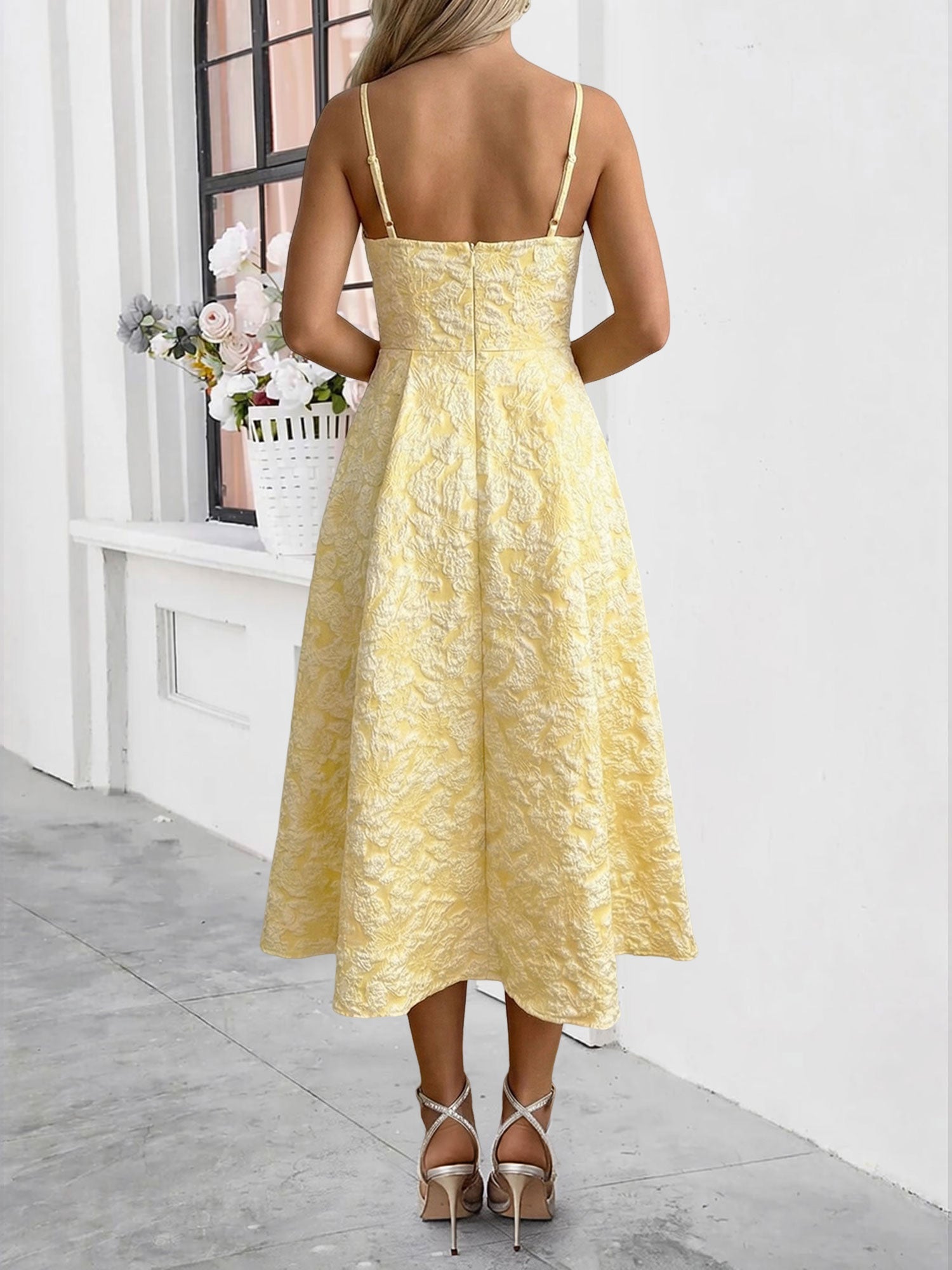 Spaghetti Strap Floral Textured A-Line Midi Dress