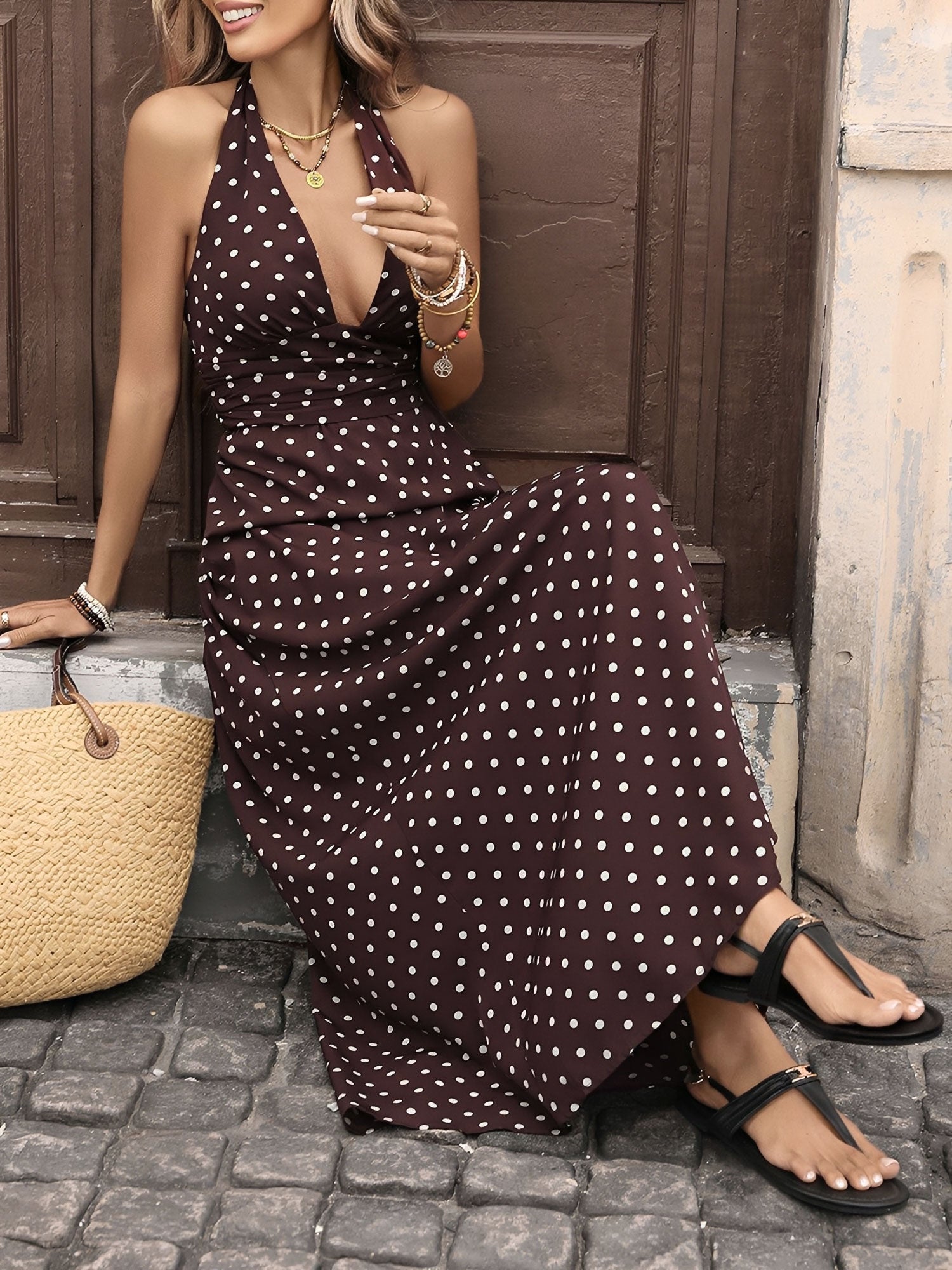 Retro Polka Dots Halter Deep V Neck Maxi Dress