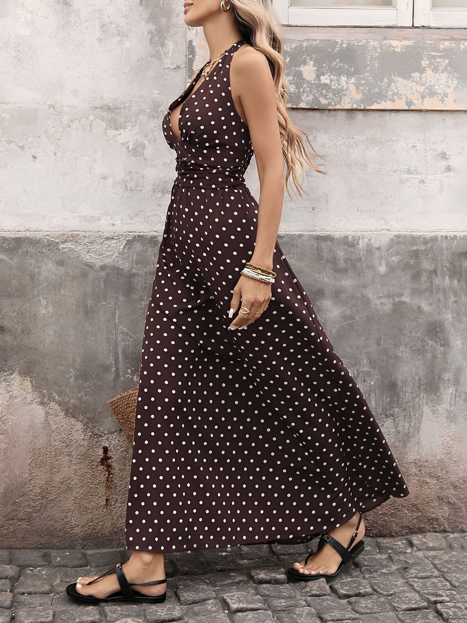 Retro Polka Dots Halter Deep V Neck Maxi Dress