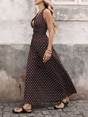 Retro Polka Dots Halter Deep V Neck Maxi Dress