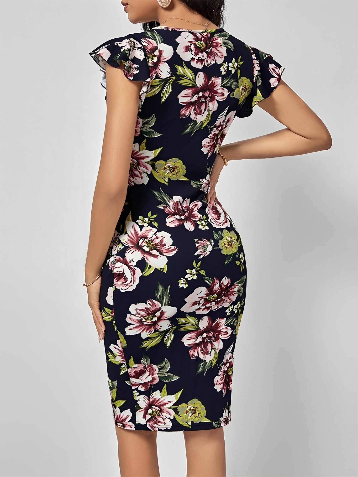 Floral Ruffled Cap Sleeves Bodycon Midi Dress