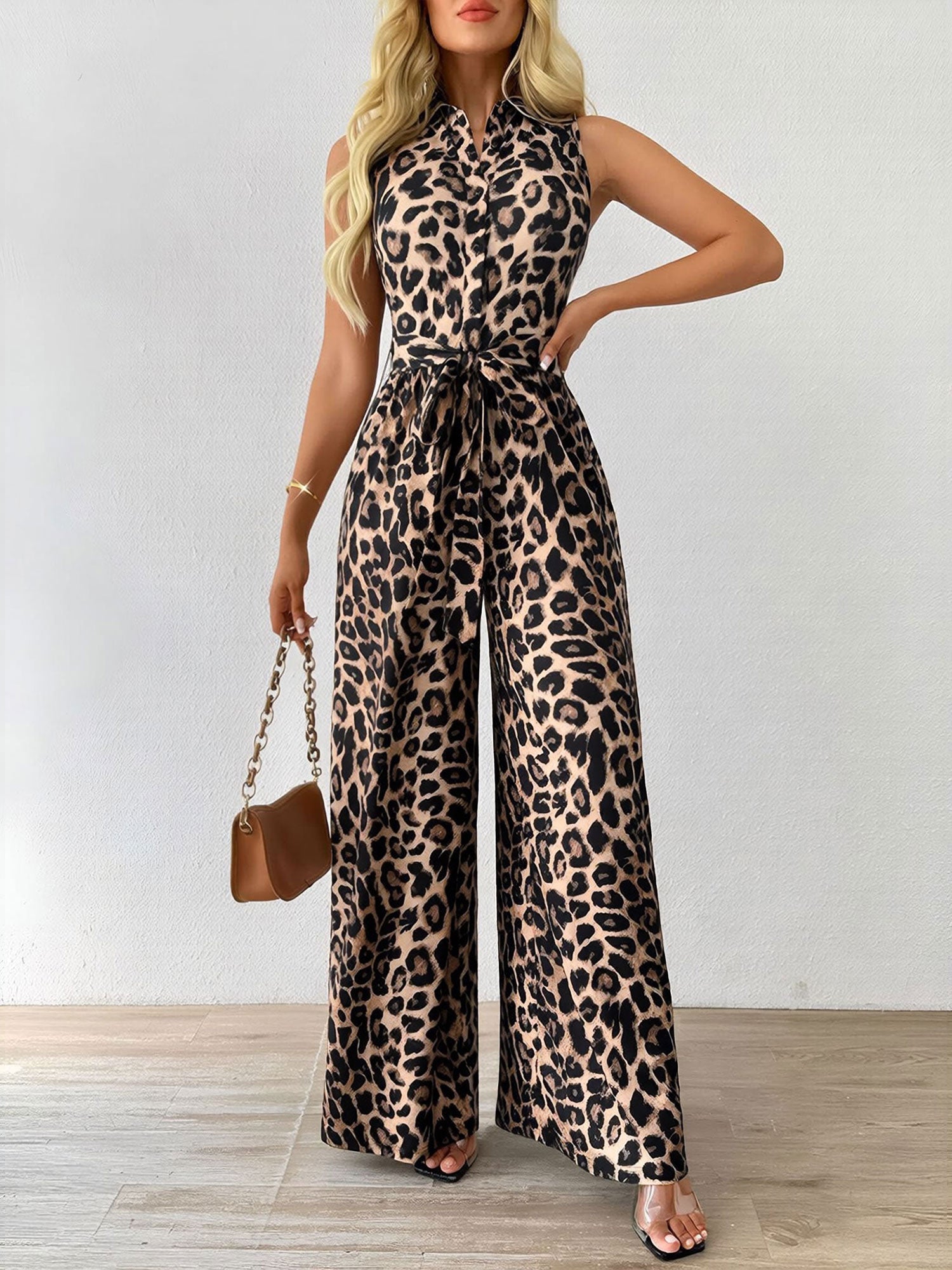 Leopard Print Sleeveless Tie Waist Wide Legs Jumpsuits