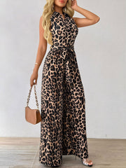 Leopard Print Sleeveless Tie Waist Wide Legs Jumpsuits