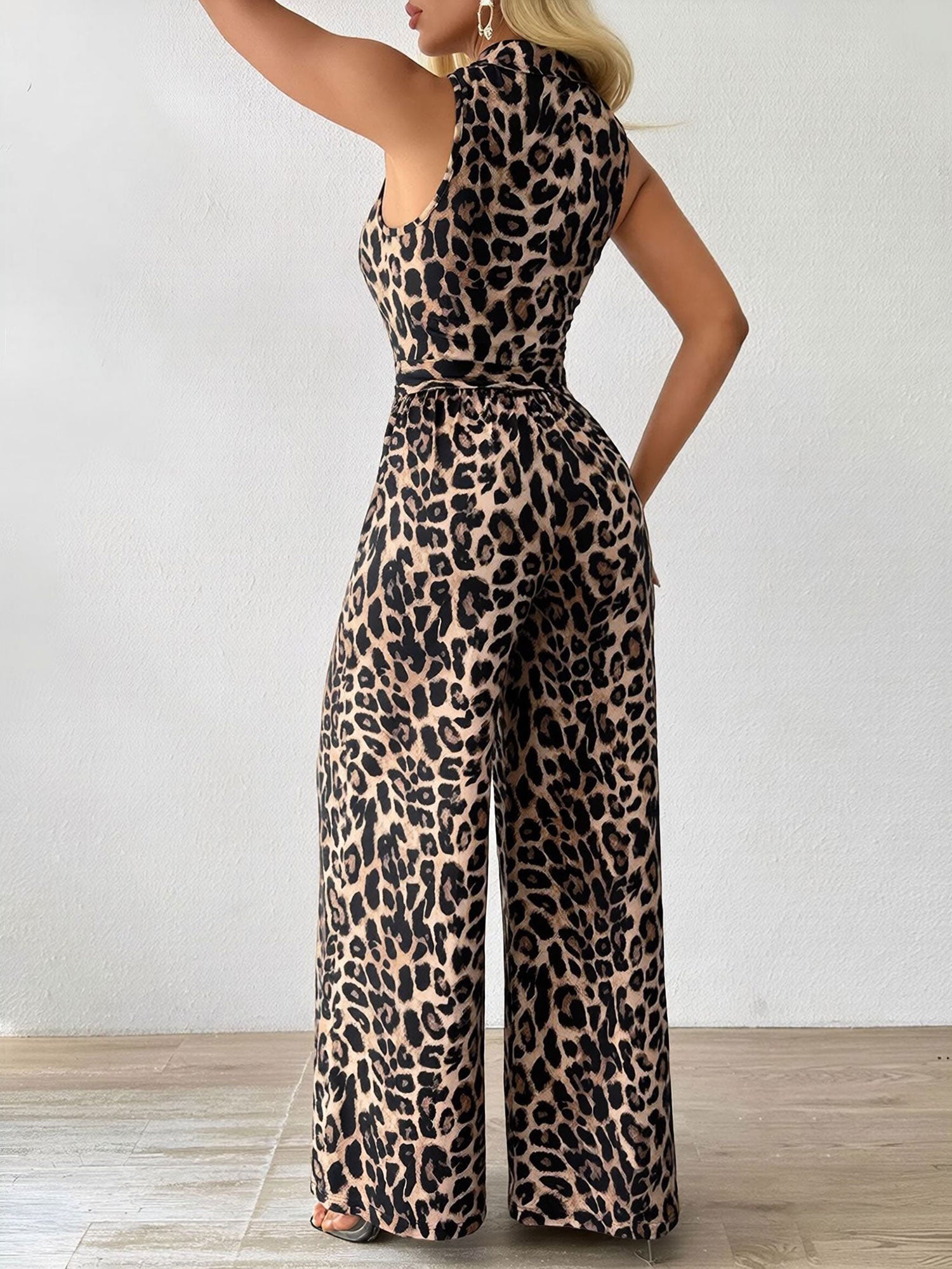 Leopard Print Sleeveless Tie Waist Wide Legs Jumpsuits