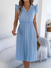 Lace Trim V Neck Ruffled Cap Sleeves Pleated A-Line Dress