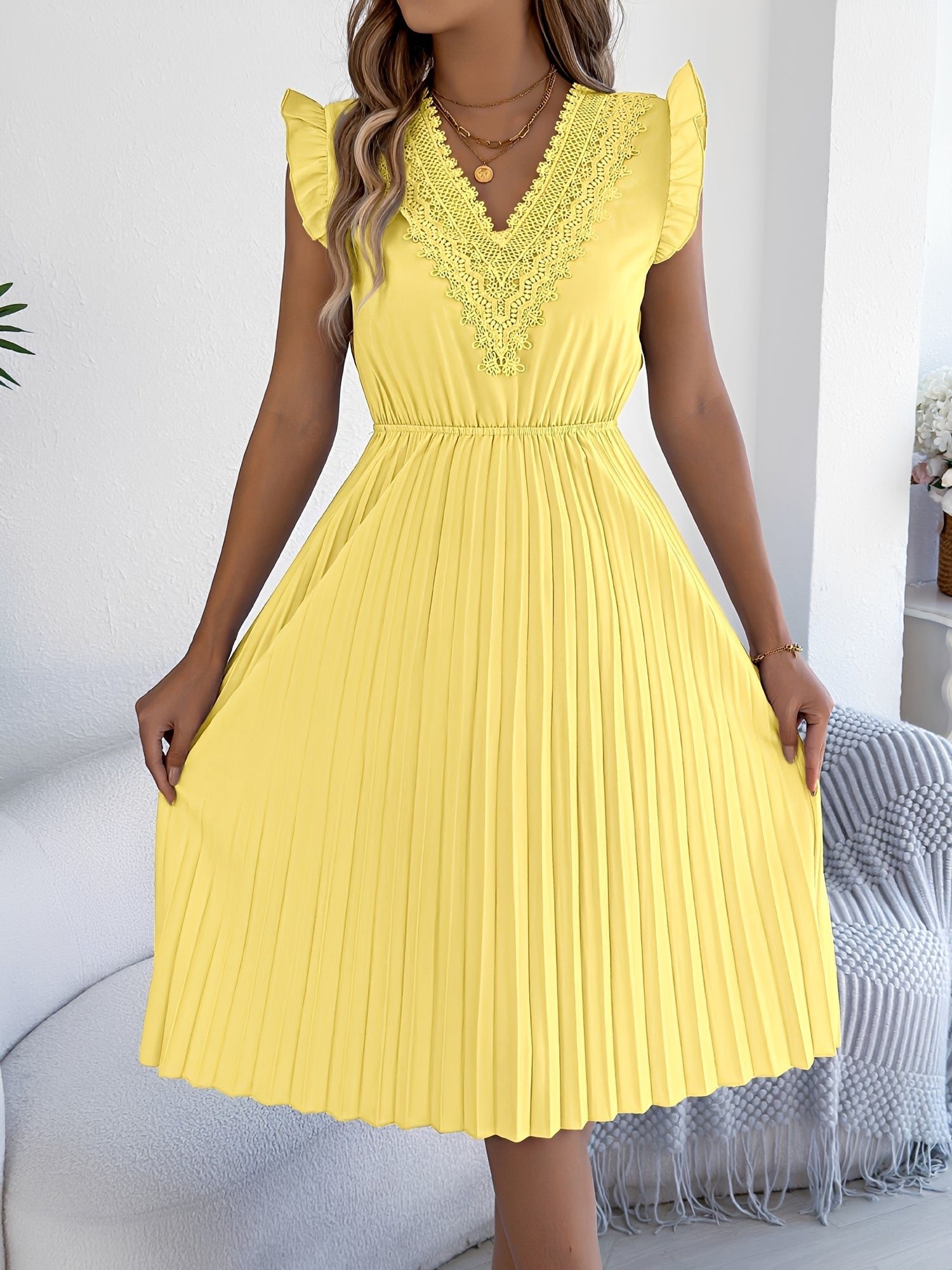 Lace Trim V Neck Ruffled Cap Sleeves Pleated A-Line Dress