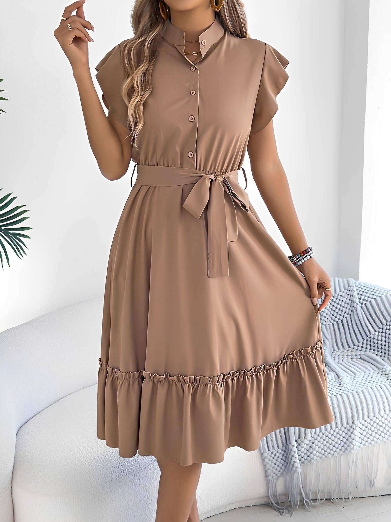 Stand Collar Ruffle Tie-Waist Midi Shirt Dress