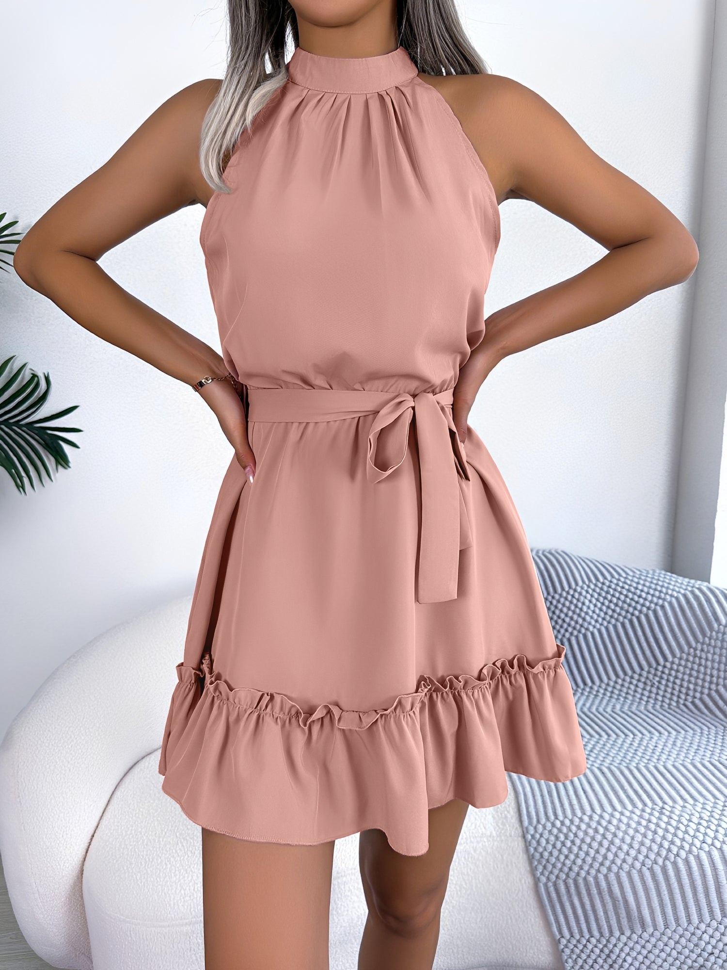 Solid Color Sleeveless Ruffled A-Line Mini Dress