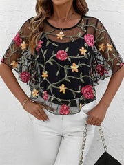 Mesh Ruffled Floral Embroidered Cape Sleeves Blouse