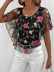 Mesh Ruffled Floral Embroidered Cape Sleeves Blouse
