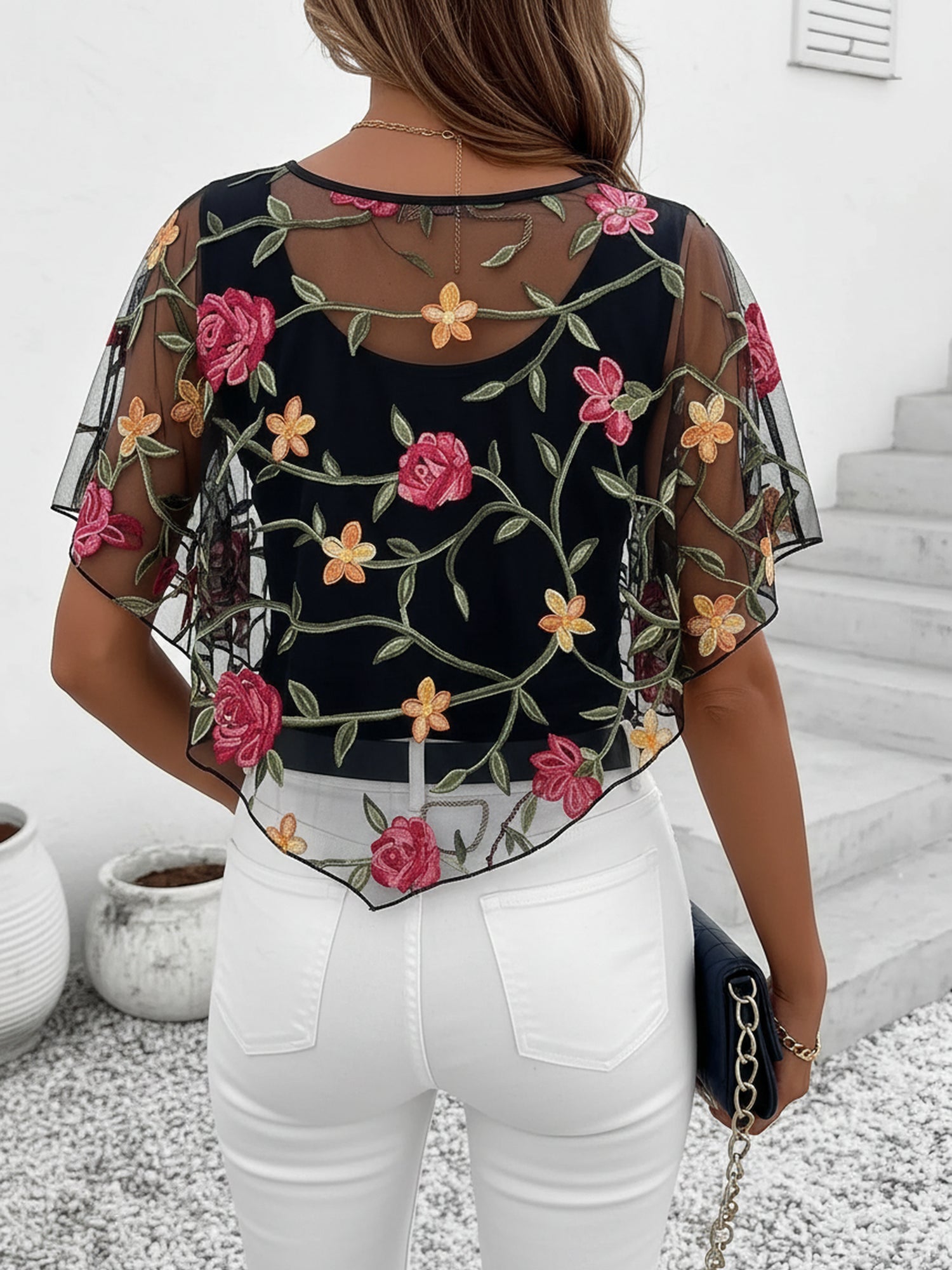 Mesh Ruffled Floral Embroidered Cape Sleeves Blouse