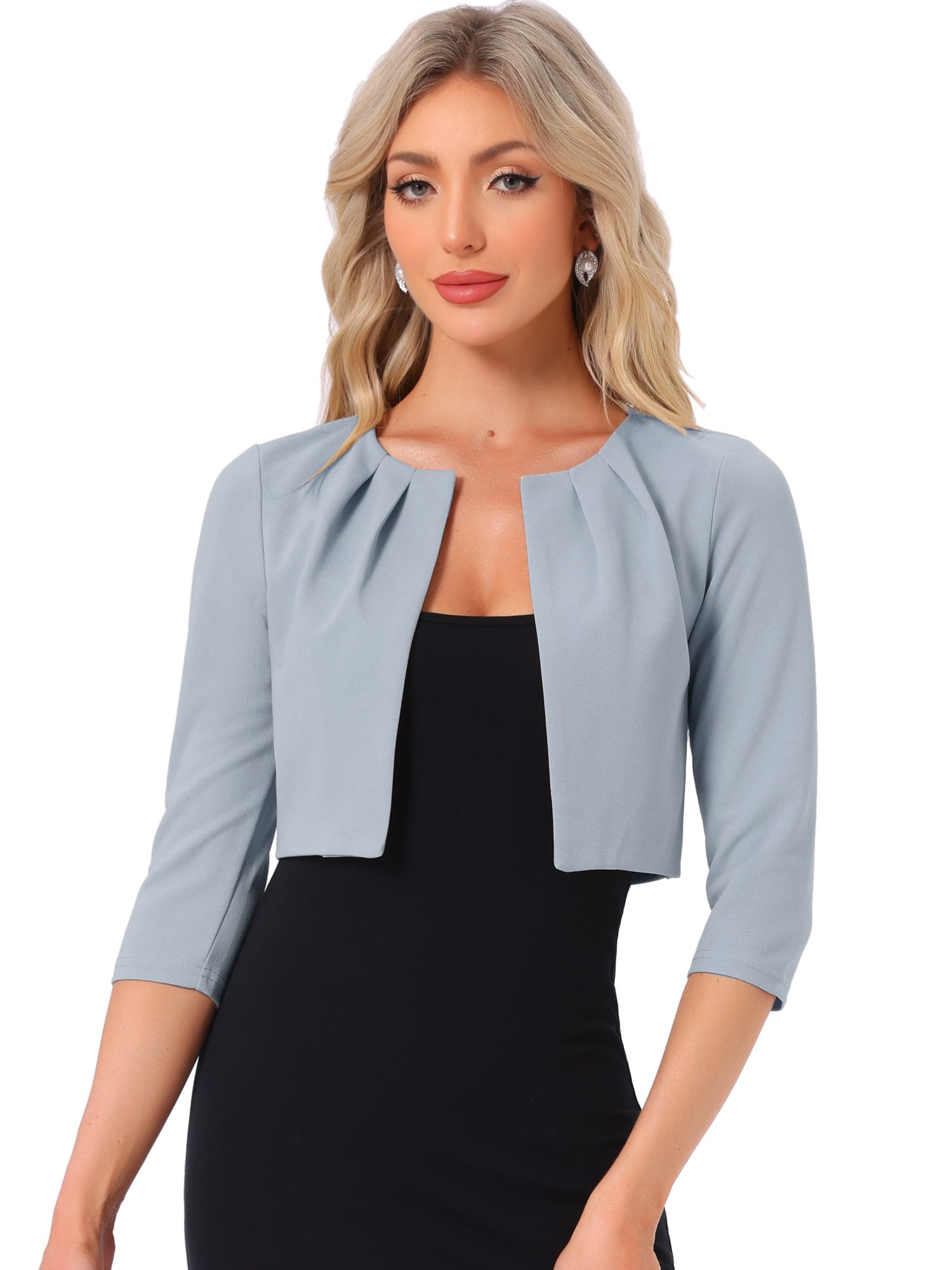 3/4 Sleeve Collarless Pleated Open Front Shrugs