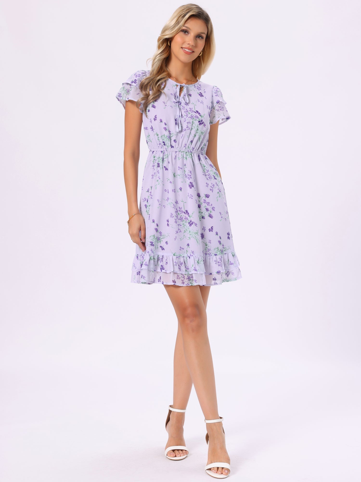 Ruffle Sleeve V Neck Above Knee A-Line Floral Chiffon Dress