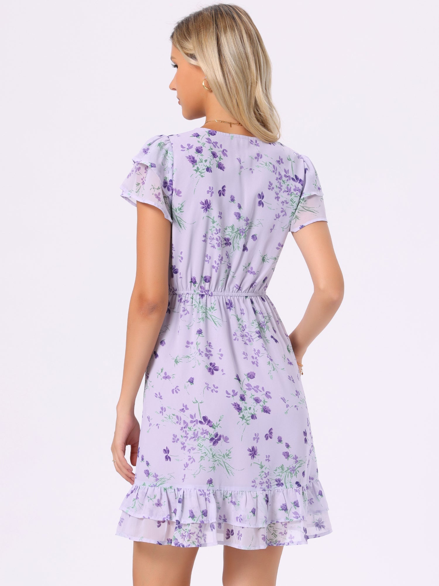 Ruffle Sleeve V Neck Above Knee A-Line Floral Chiffon Dress