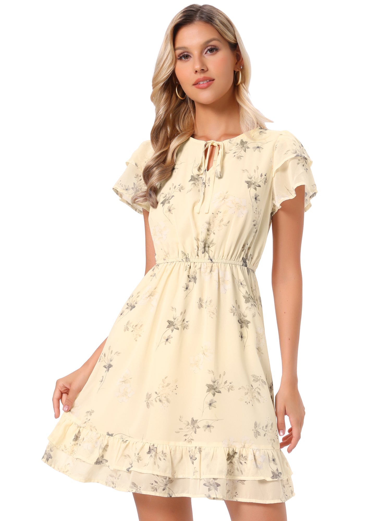 Ruffle Sleeve V Neck Above Knee A-Line Floral Chiffon Dress