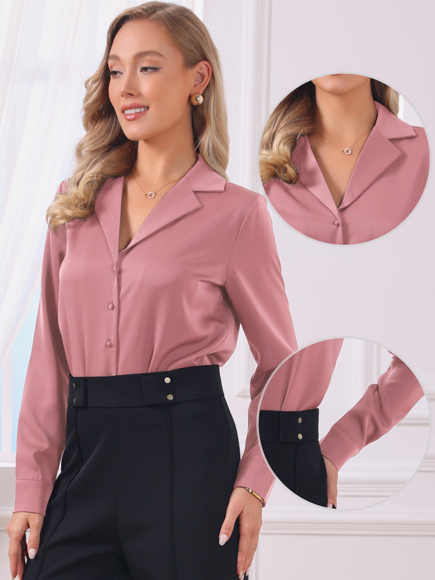 Button Up Notched Lapel Long Sleeve Satin Bodysuit