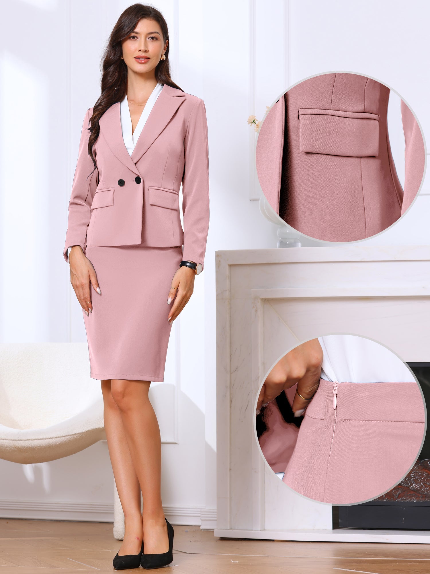 2 Pieces Notched Lapel Double Breasted Blazer & Midi Pencil Skirt Formal Suit Set