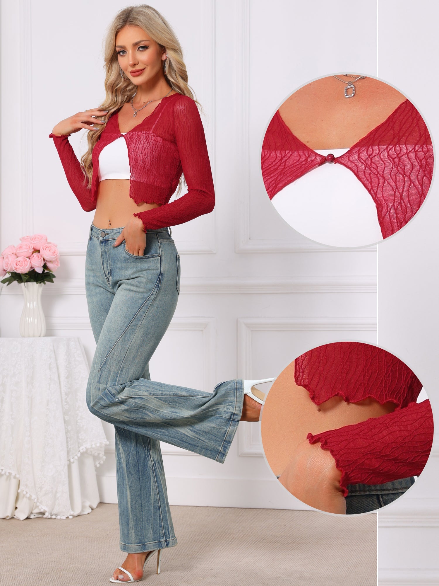 Long Sleeves Lightweight Sheer Textured Cropped Bolero Shrug