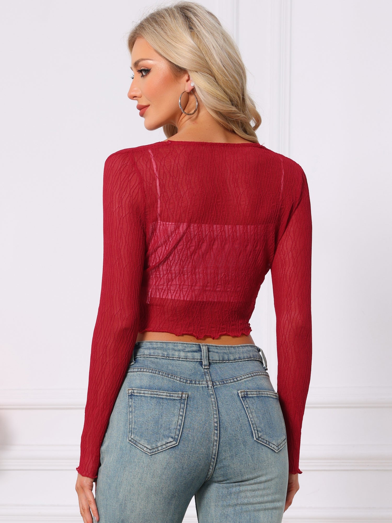Long Sleeves Lightweight Sheer Textured Cropped Bolero Shrug