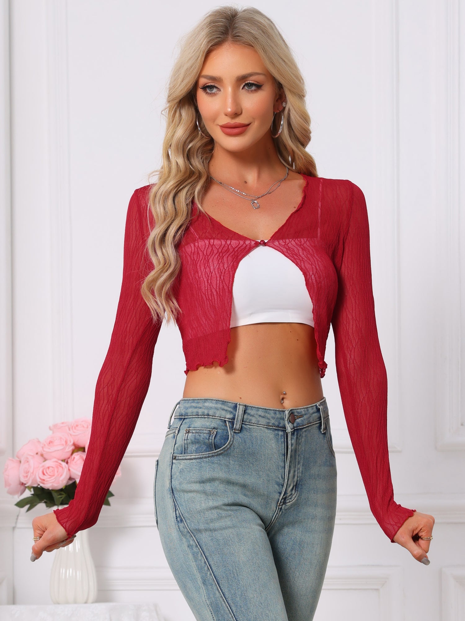 Long Sleeves Lightweight Sheer Textured Cropped Bolero Shrug