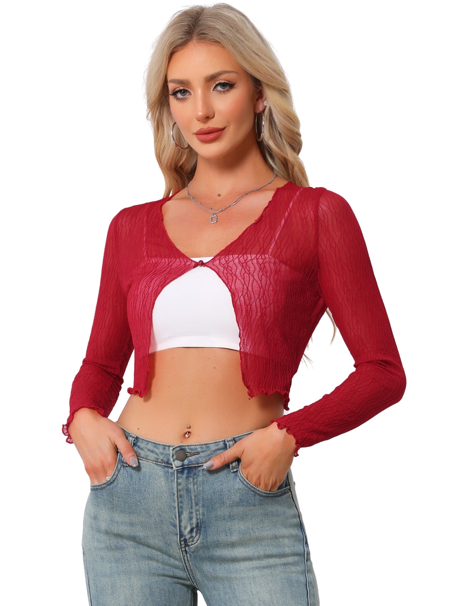 Long Sleeves Lightweight Sheer Textured Cropped Bolero Shrug