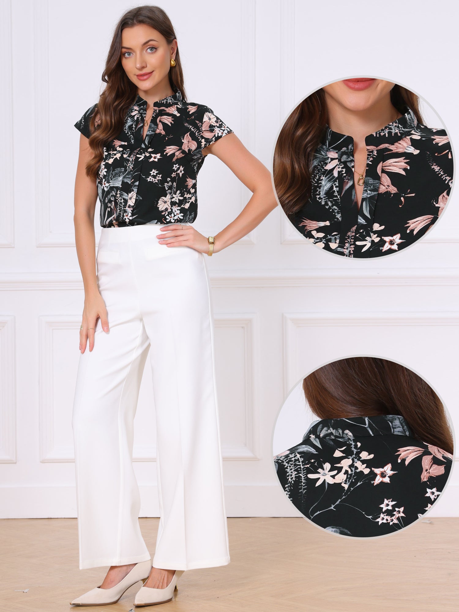 Satin Work Floral Vintage Stand Collar Cap Sleeve Blouse
