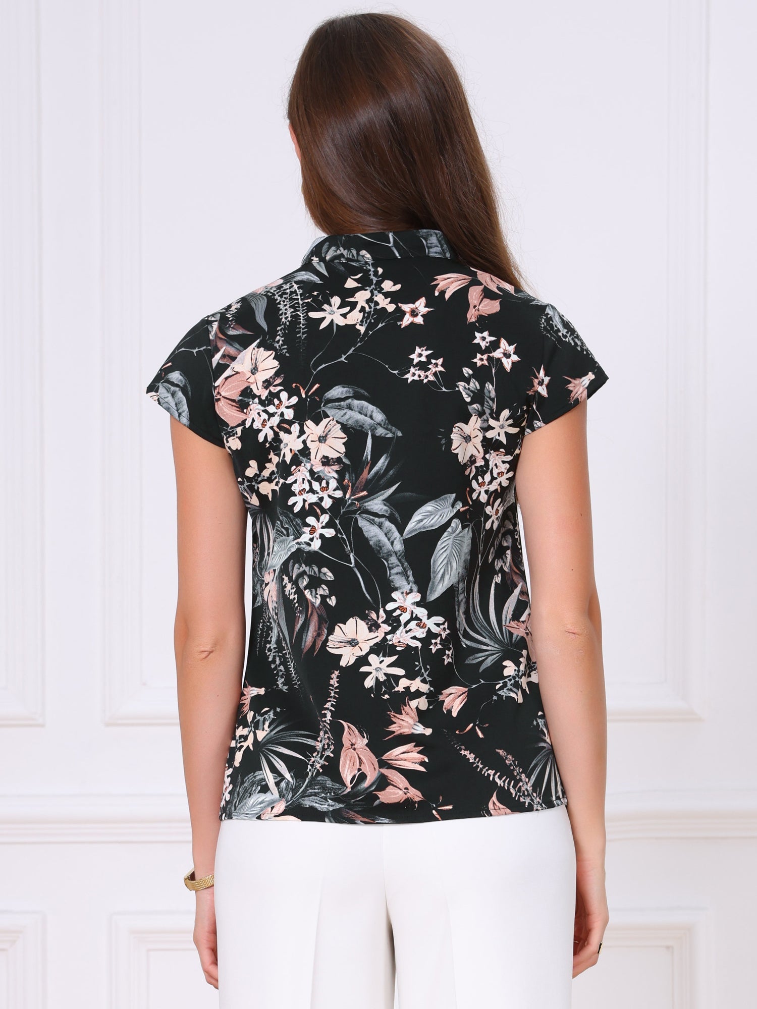 Satin Work Floral Vintage Stand Collar Cap Sleeve Blouse