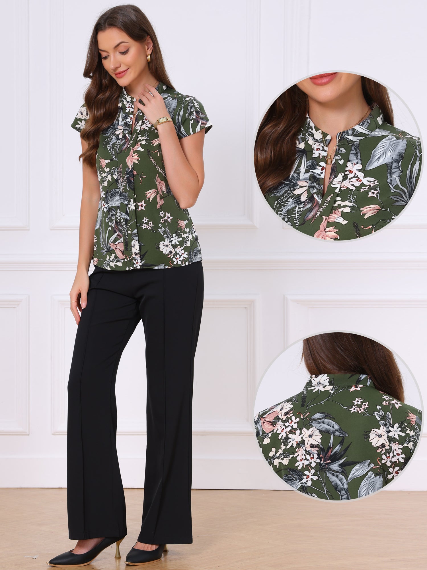 Satin Work Floral Vintage Stand Collar Cap Sleeve Blouse