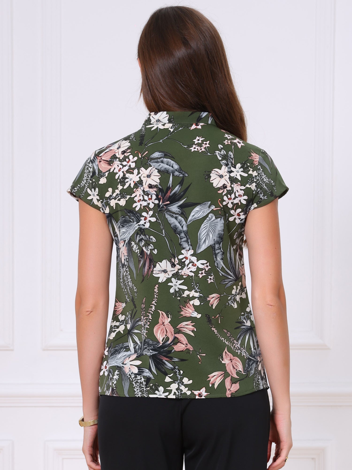 Satin Work Floral Vintage Stand Collar Cap Sleeve Blouse