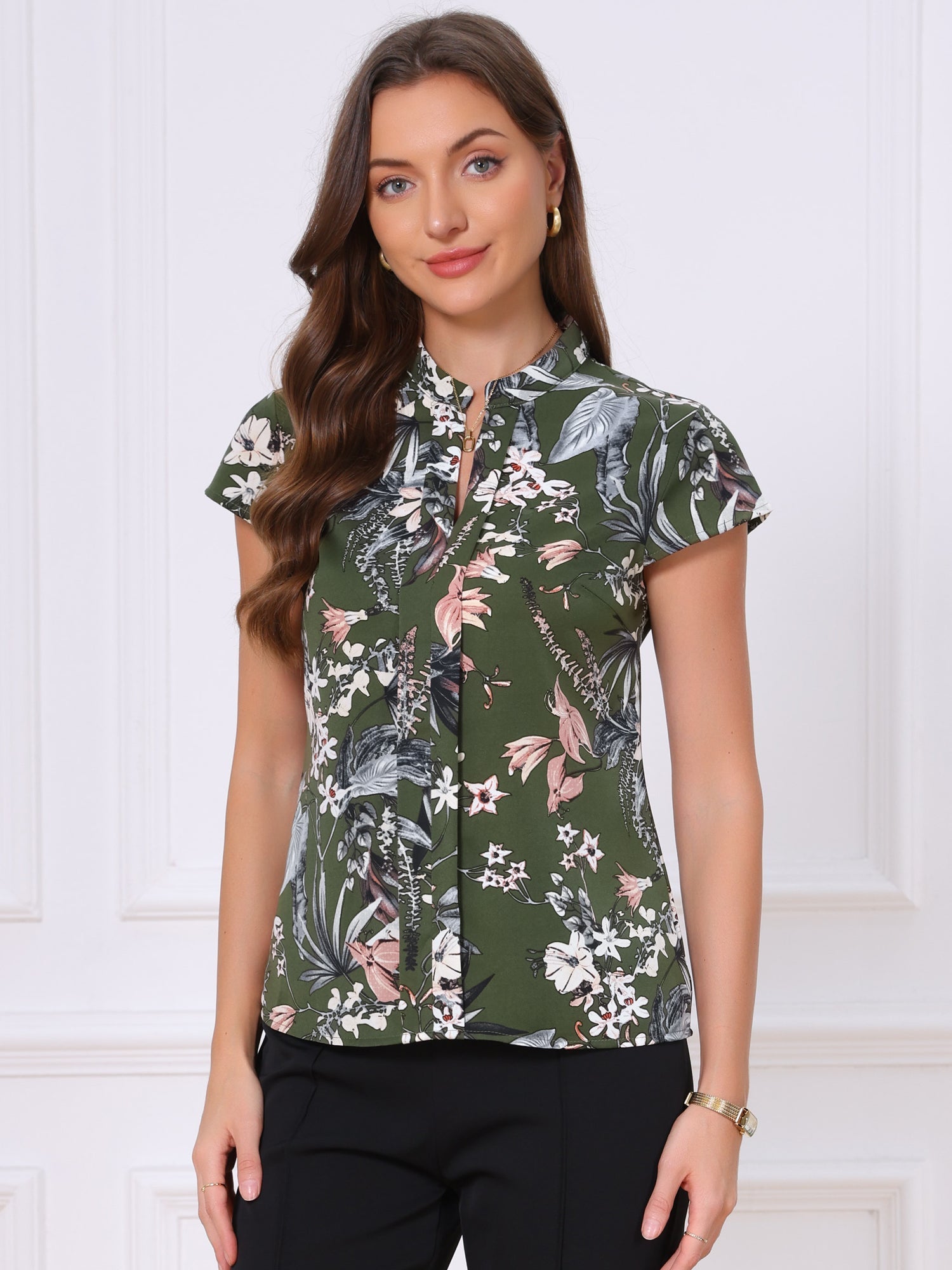 Satin Work Floral Vintage Stand Collar Cap Sleeve Blouse