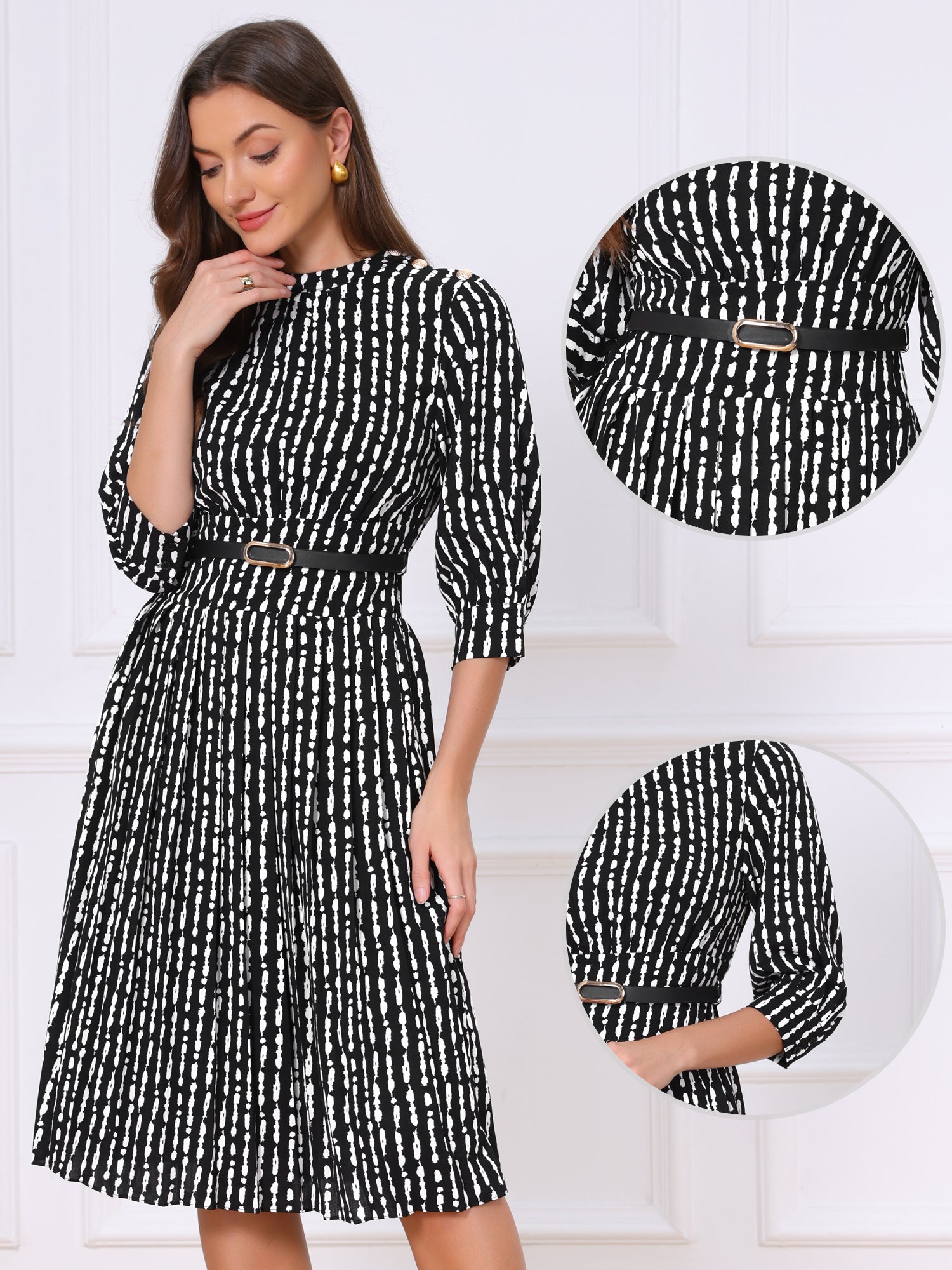 Boat Neck 3/4 Sleeve Belted Business Casual A-Line Dress