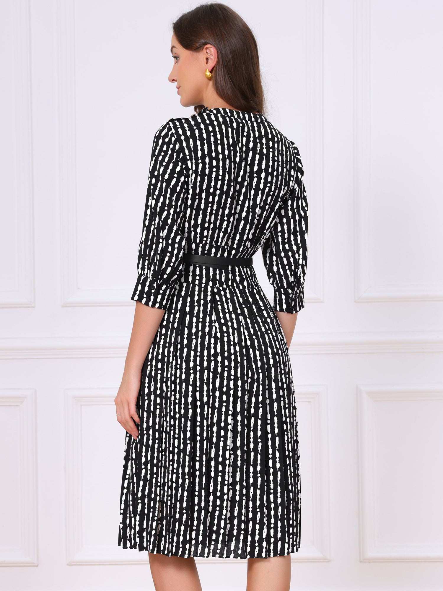 Boat Neck 3/4 Sleeve Belted Business Casual A-Line Dress