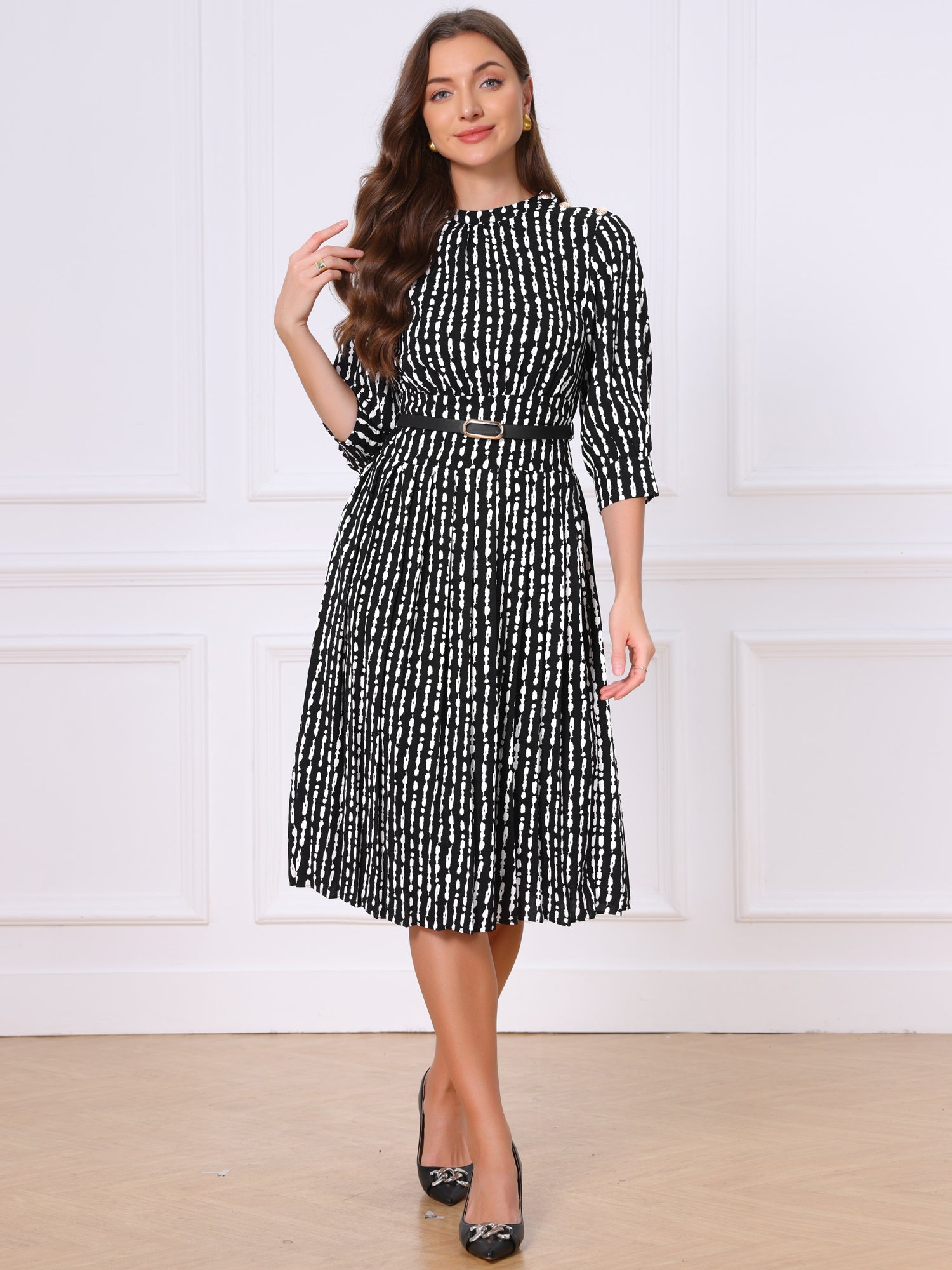Boat Neck 3/4 Sleeve Belted Business Casual A-Line Dress