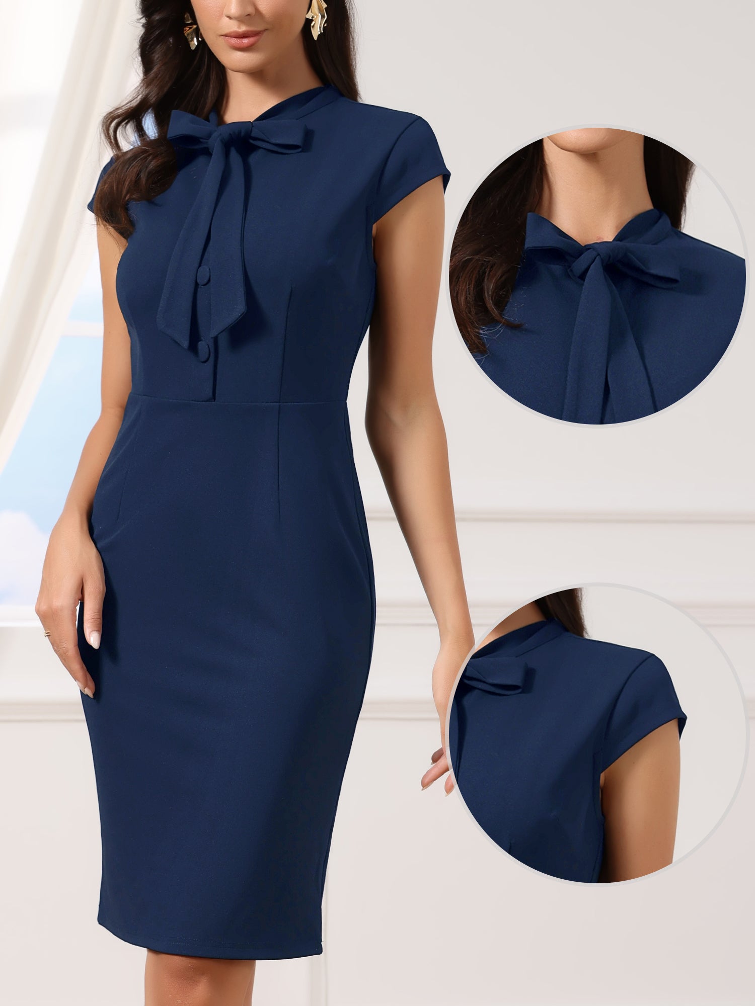 Work Bow Tie Neck Cap Sleeve Side Zipper Sheath Dress