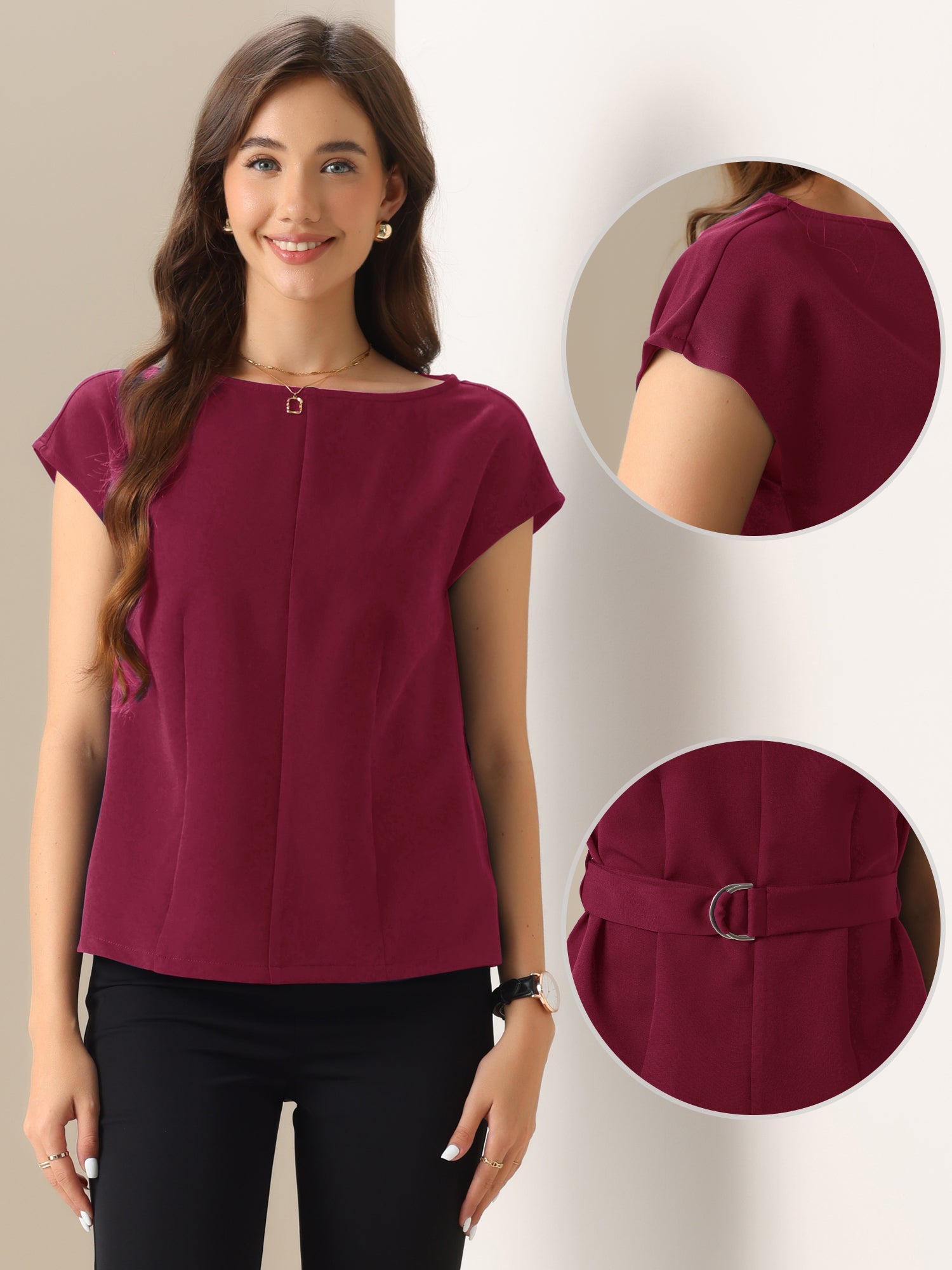 Cap Sleeve Boat Neck Office Work Belted Tops