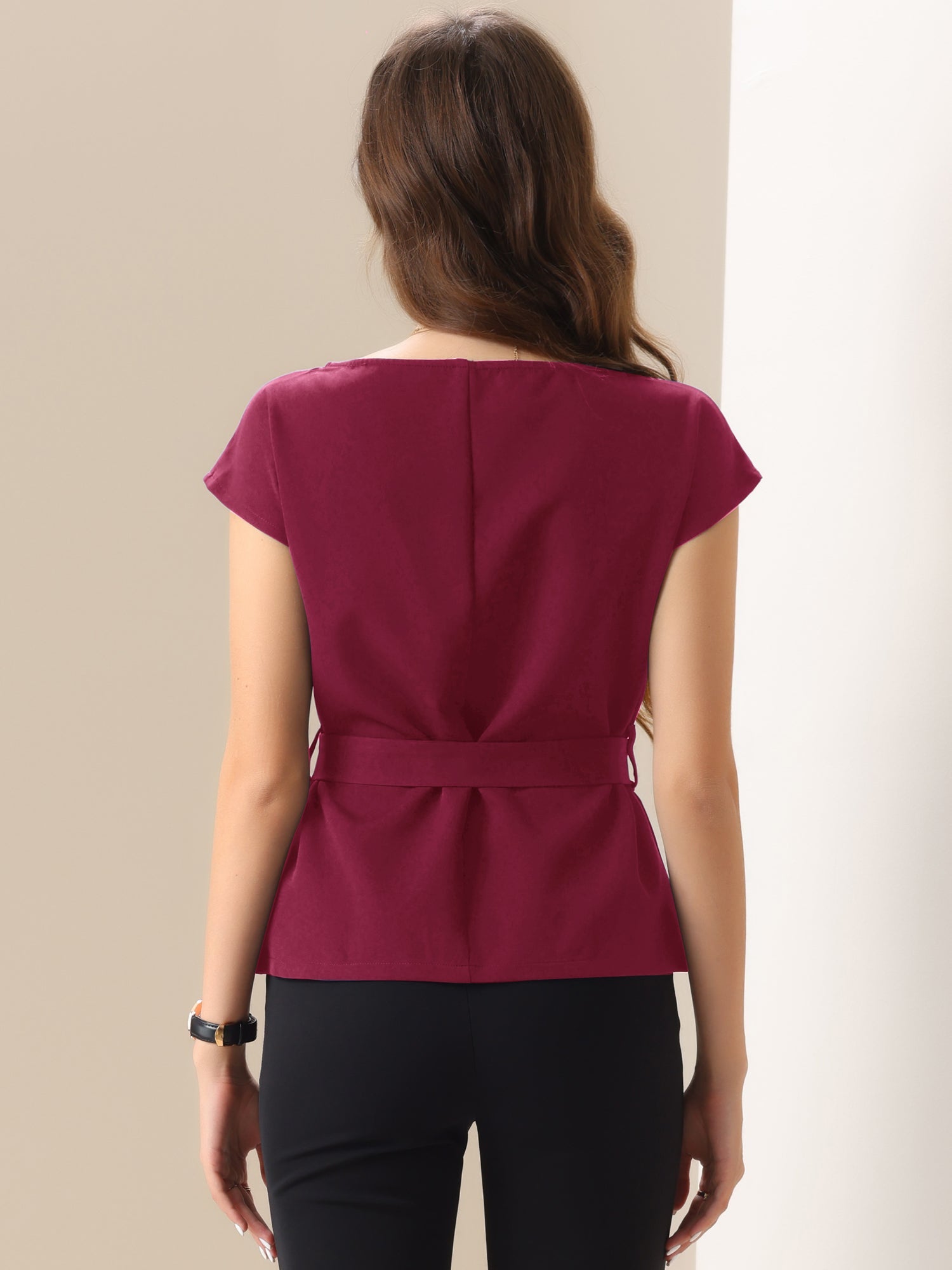 Cap Sleeve Boat Neck Office Work Belted Tops