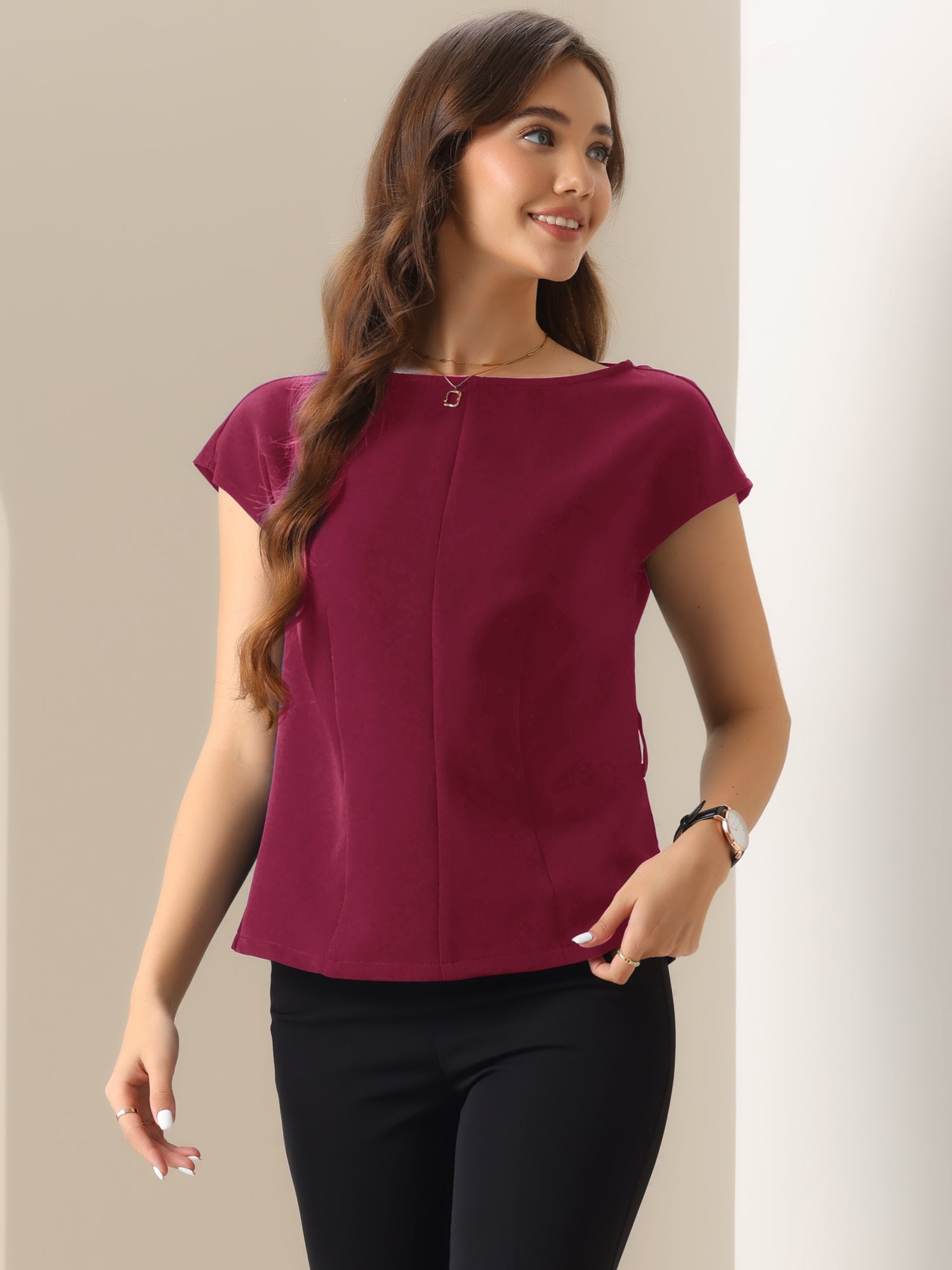 Cap Sleeve Boat Neck Office Work Belted Tops