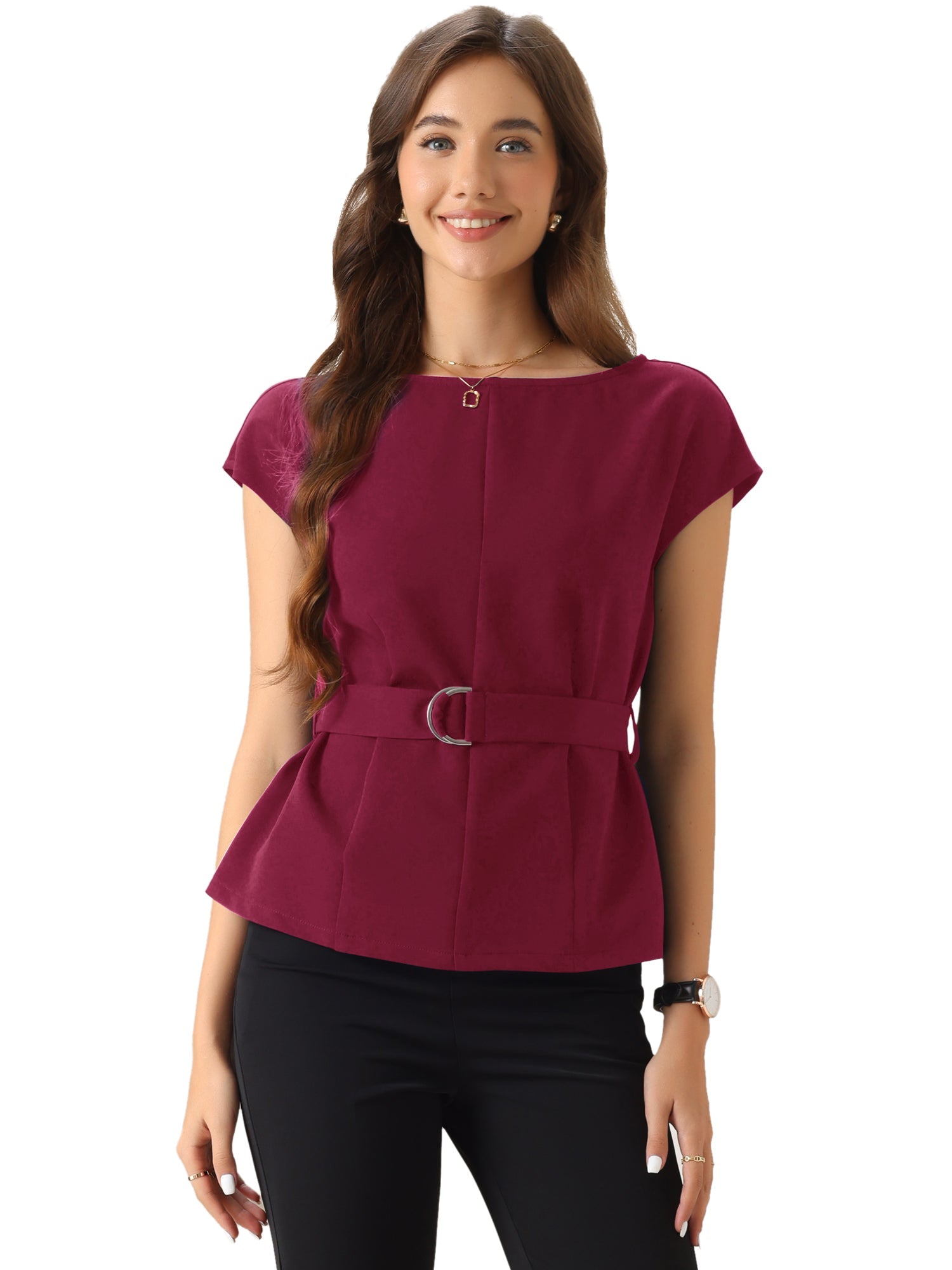 Cap Sleeve Boat Neck Office Work Belted Tops