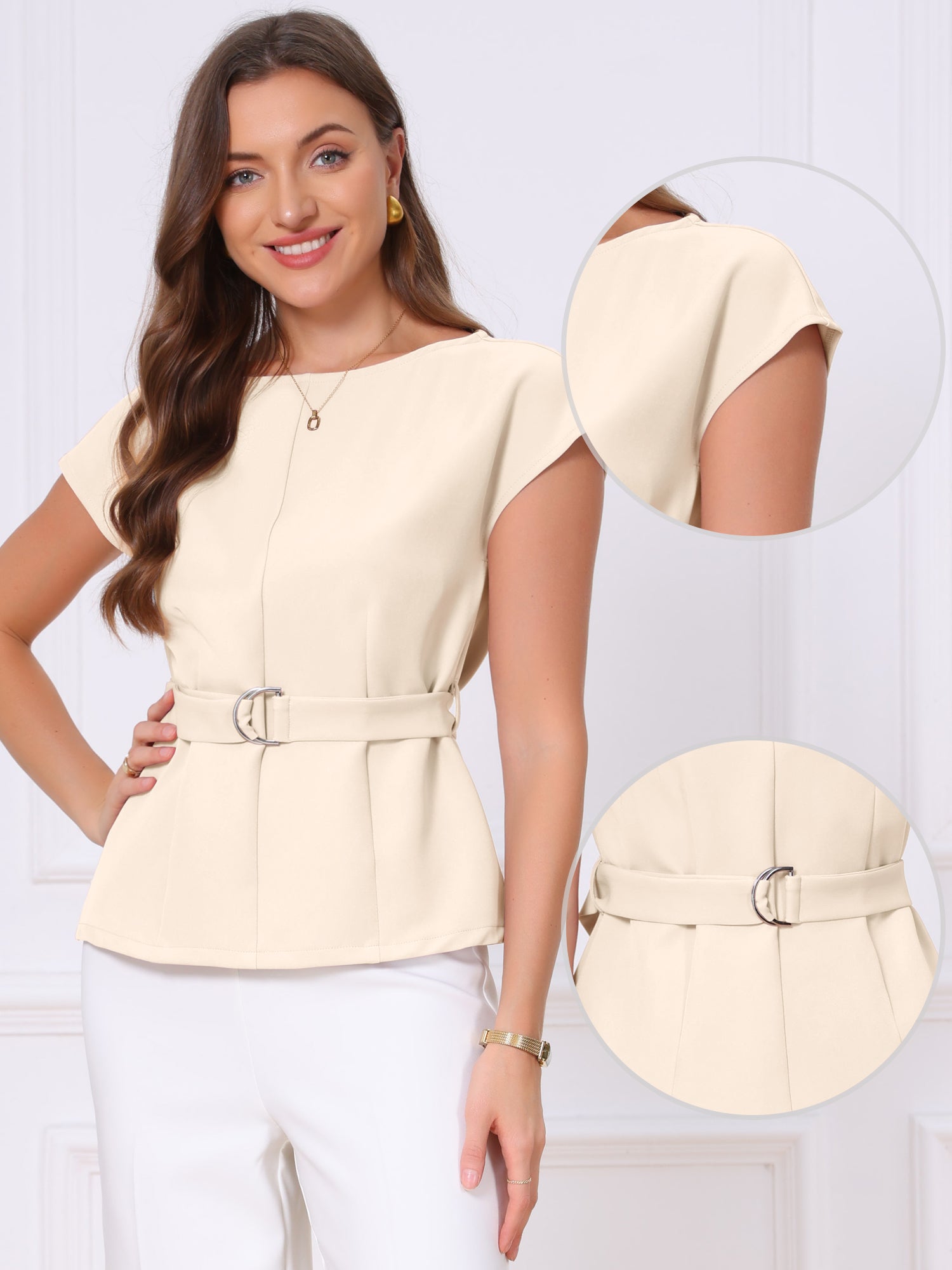 Cap Sleeve Boat Neck Office Work Belted Tops