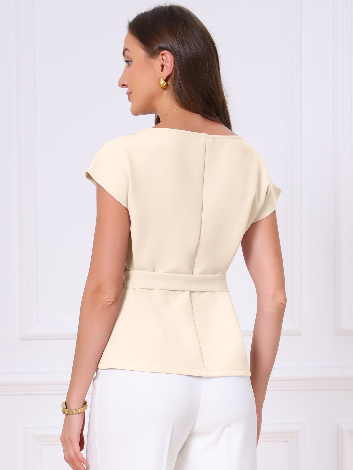 Cap Sleeve Boat Neck Office Work Belted Tops