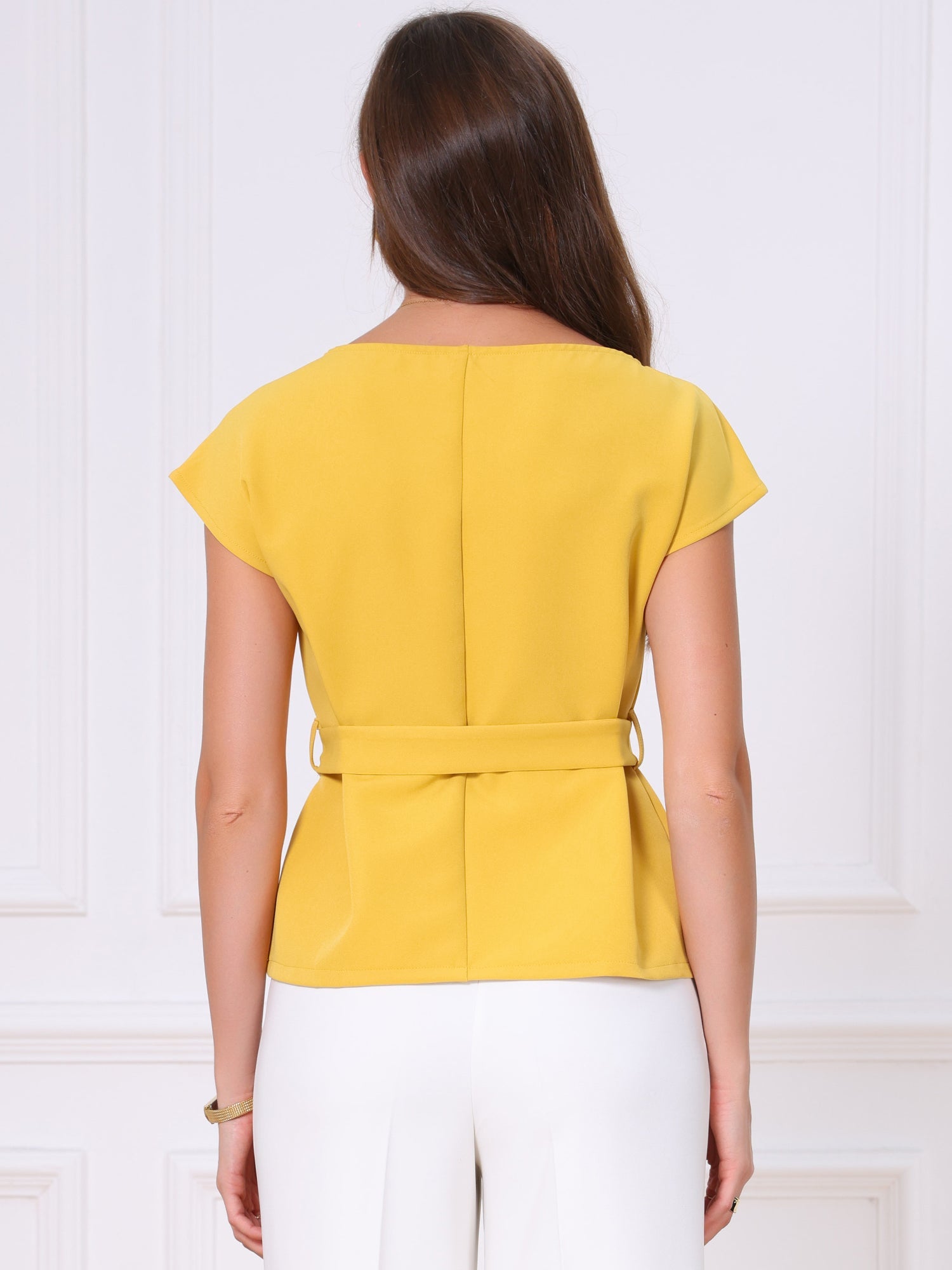 Cap Sleeve Boat Neck Office Work Belted Tops