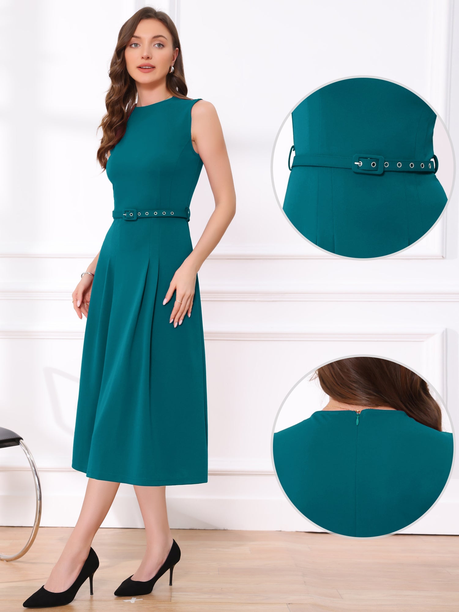 Work Sleeveless Crew Neck Belted A-Line Office Dress