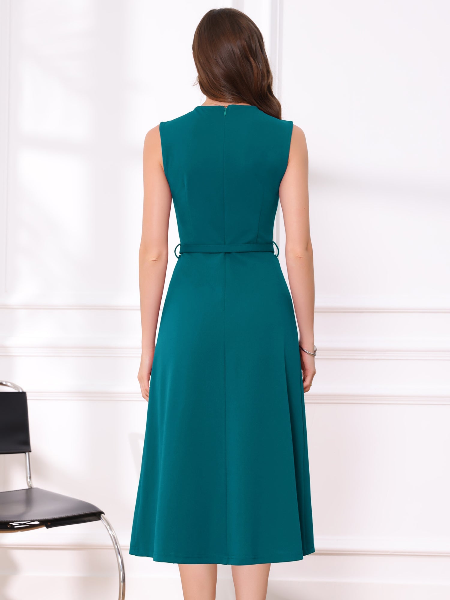 Work Sleeveless Crew Neck Belted A-Line Office Dress