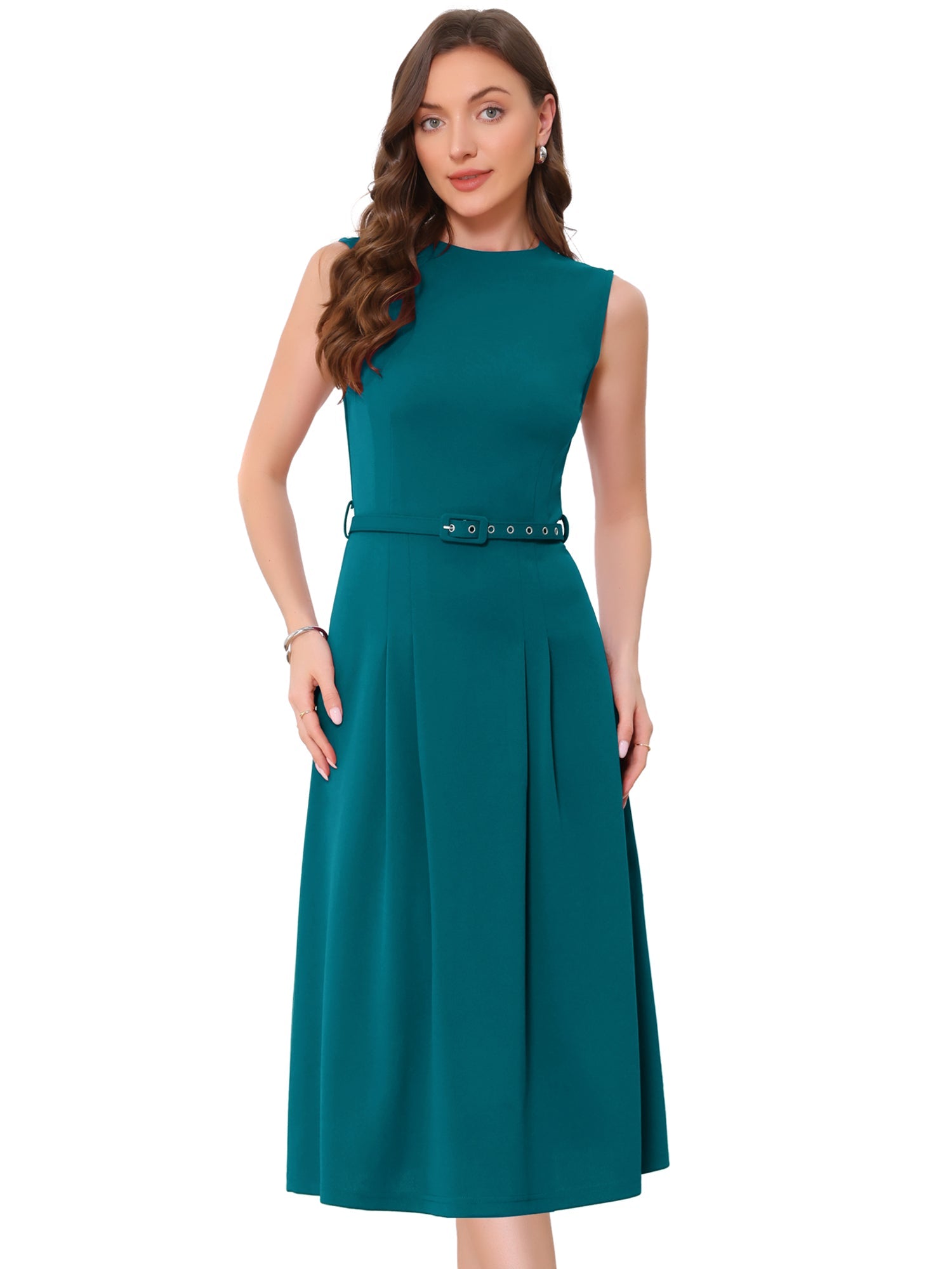 Work Sleeveless Crew Neck Belted A-Line Office Dress