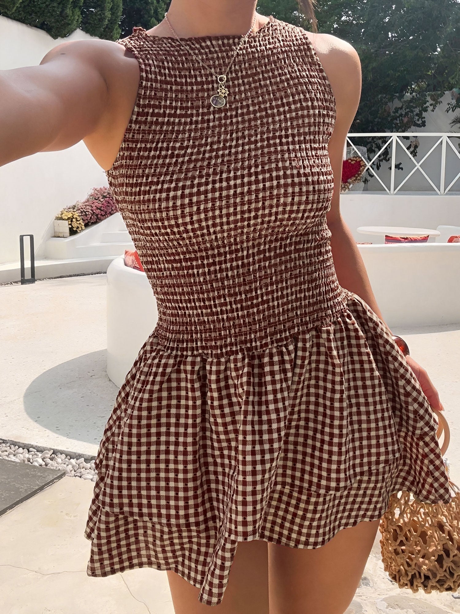 Gingham Smocked Sleeveless Ruffled Layered Mini Dress
