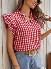 Gingham Double-Layer Ruffled Sleeves Blouse