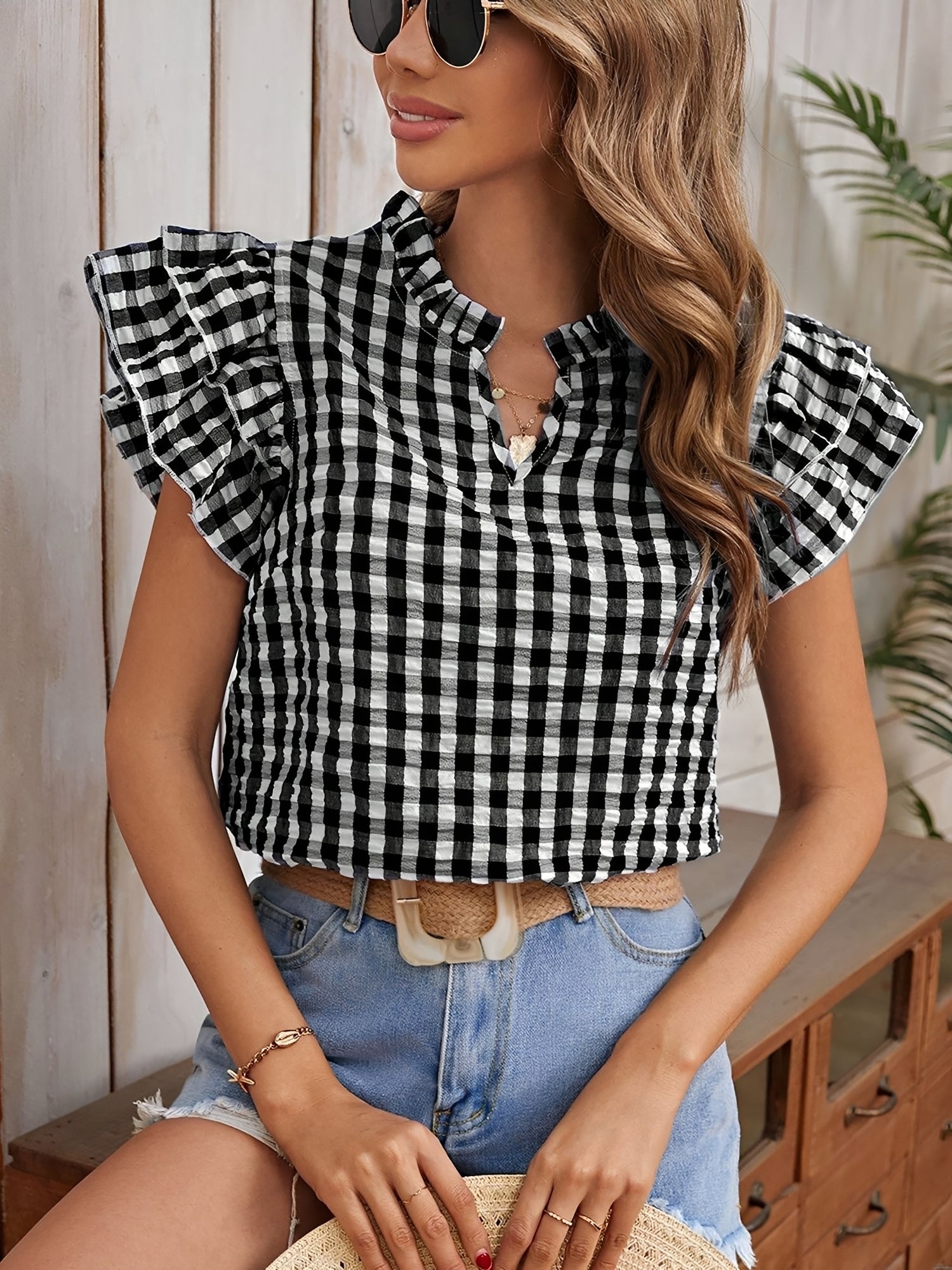 Gingham Double-Layer Ruffled Sleeves Blouse