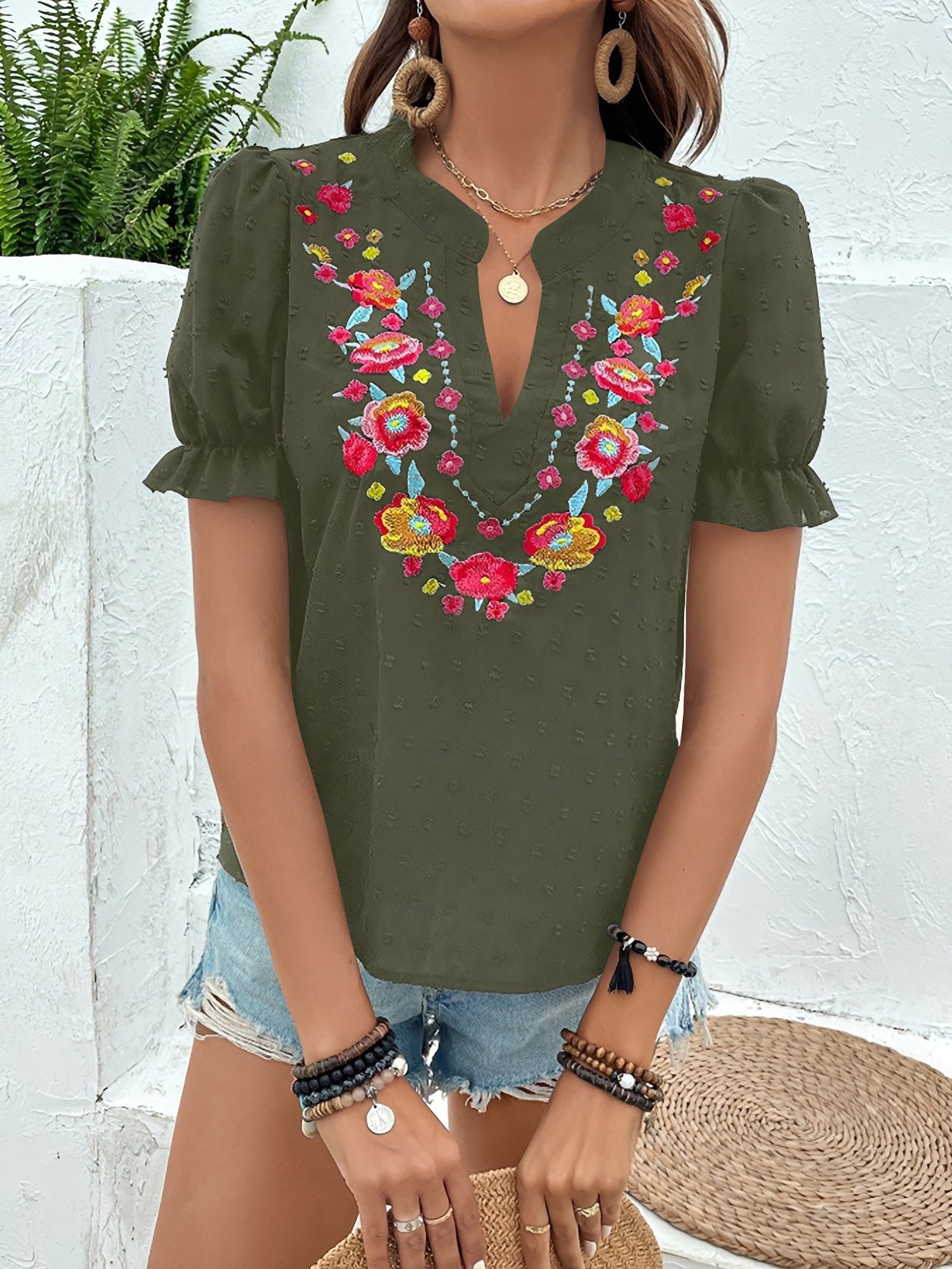 Floral Embroidered Swiss Dots Puff Sleeves Blouse
